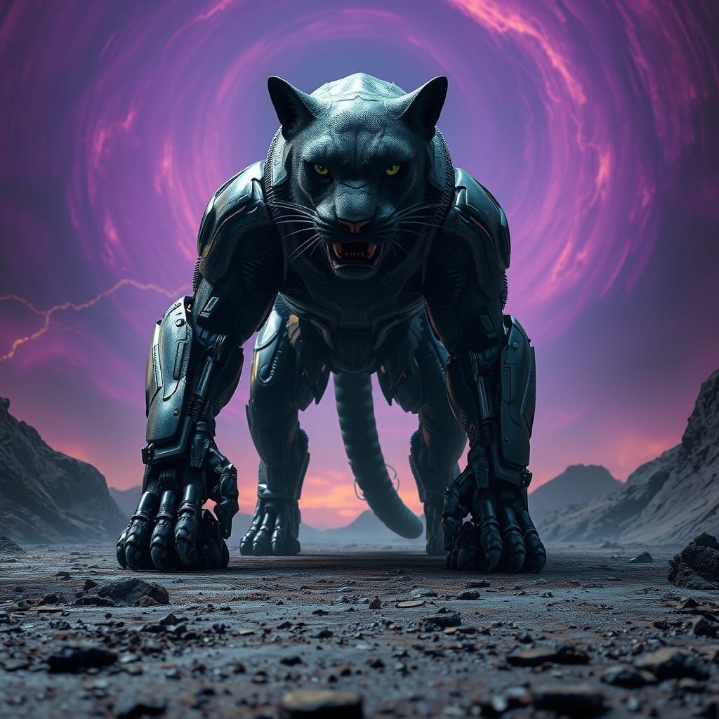 Cybernetic Colossus Feline Predator Dominates Futuristic Lan...