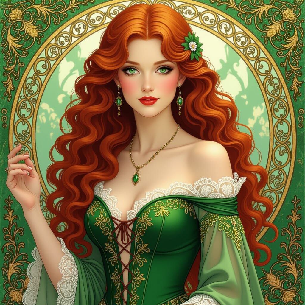 Lady in Green Lace Dress, Art Nouveau Style