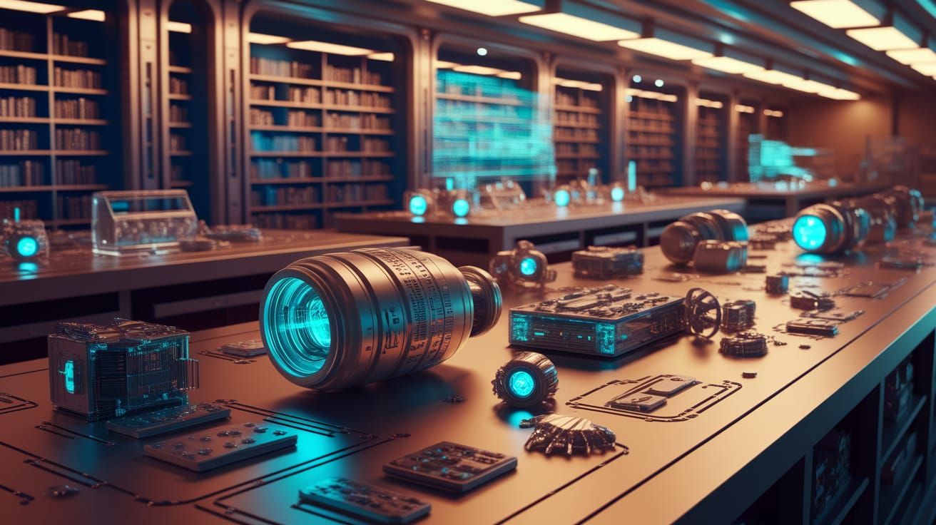 Futuristic Time Machine Laboratory in Warm Golden Light