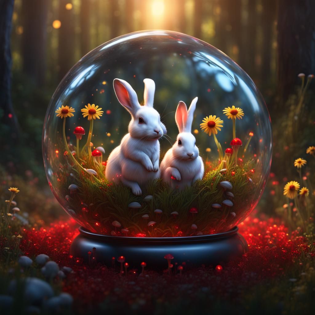 Glass Orb with Rabbits, Mushrooms and Crystals