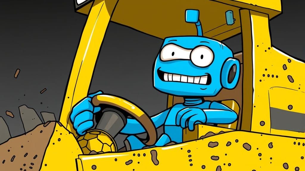 Vibrant Robot Conqueror in Cartoonish Construction Scene