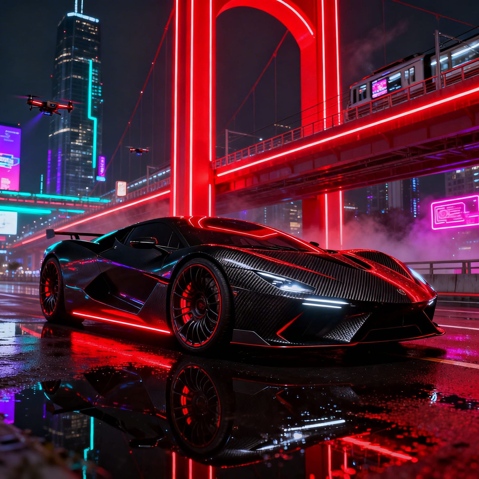 Futuristic Supercar on Neon-Lit City Street at Night