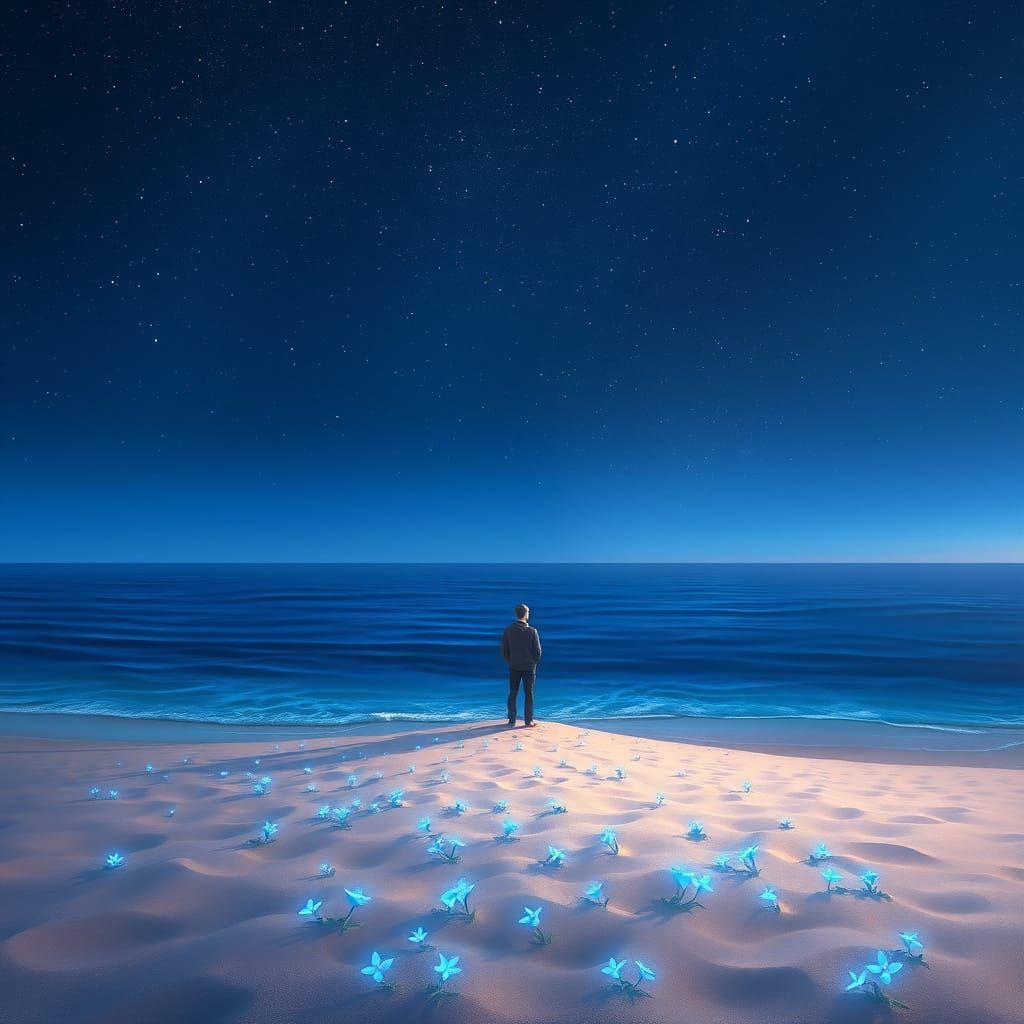 Figure Gazes at Starry Sky Over Bioluminescent Ocean Shore
