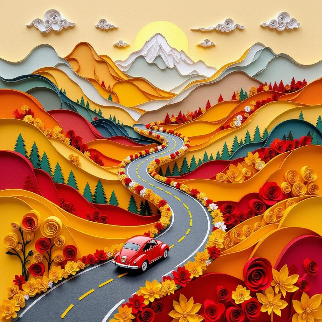 Paper Quilling Autumn Mountain Road with Vintage Car