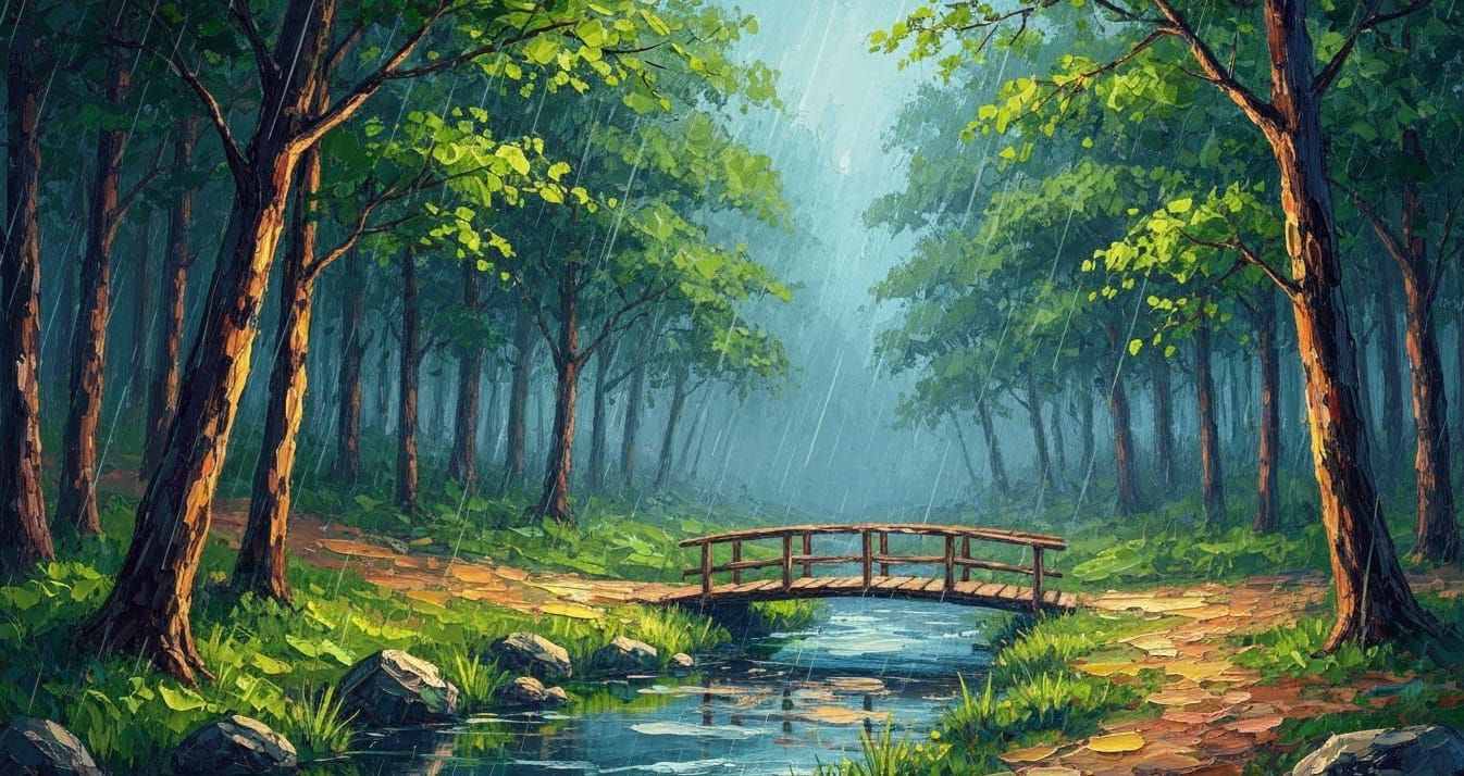 Impressionist Forest Scene with Bridge at Dusk