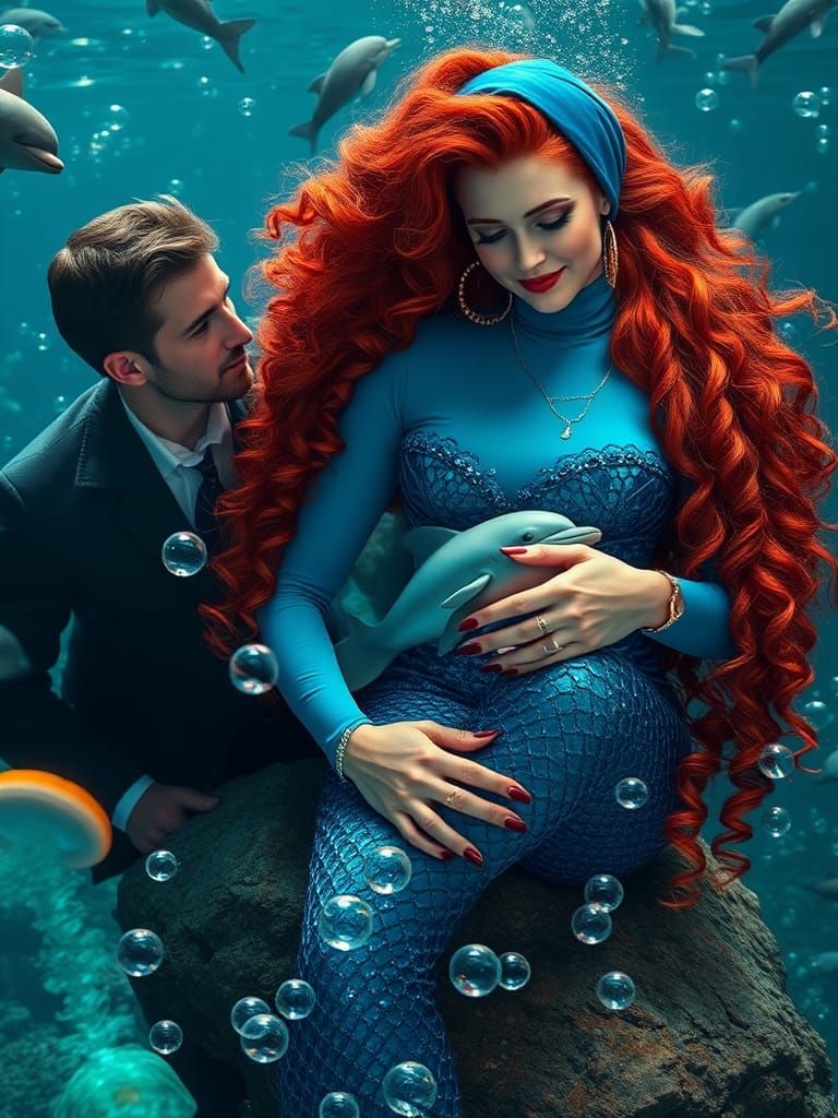 Elegant Mermaid with Dolphins in Underwater Scene