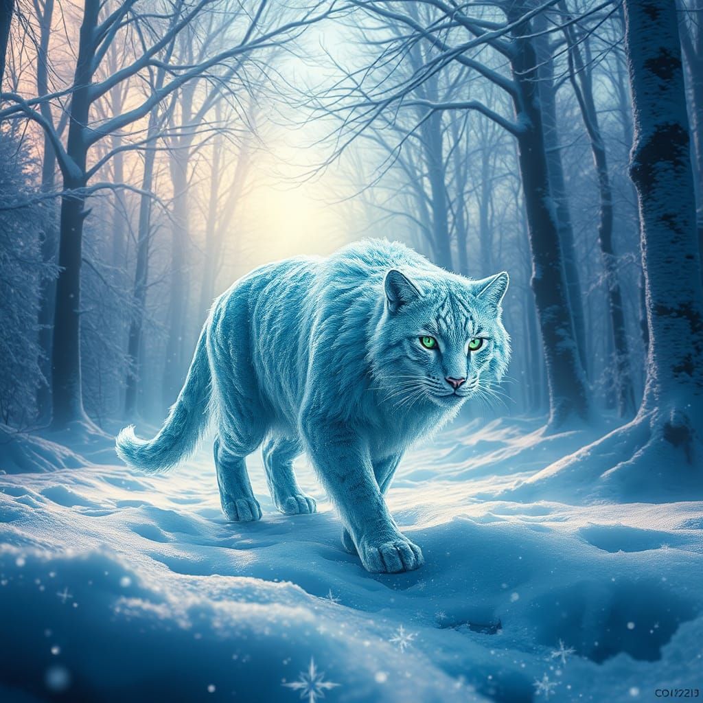 Majestic Ice Cat in Mystical Winter Forest