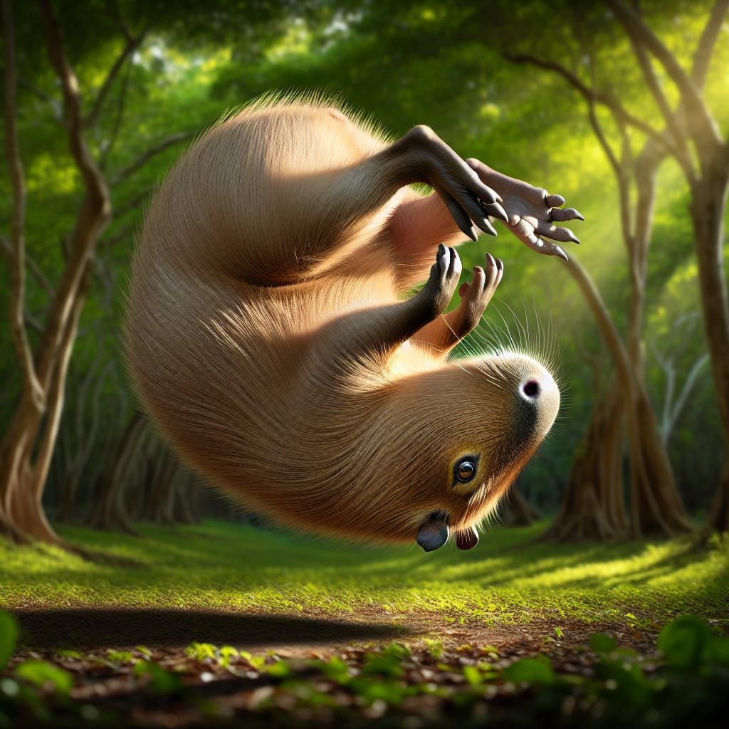Capybara Somersaults Through Sunlit Wilderness