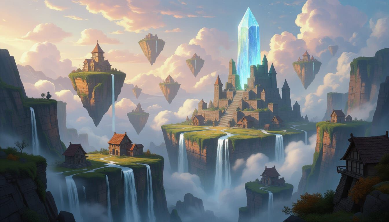 Epic Fantasy Realm With Floating Islands And Glowing Waterfa...
