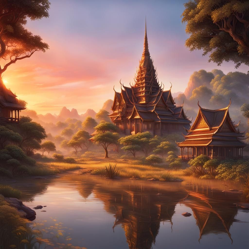 Thai Countryside Sunset Portrait in Art Nouveau Style
