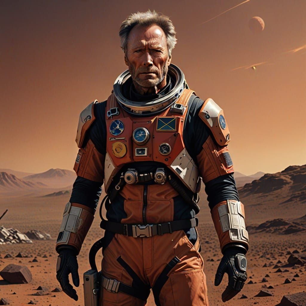 Grizzled Astronaut on Mars in Dramatic Twilight