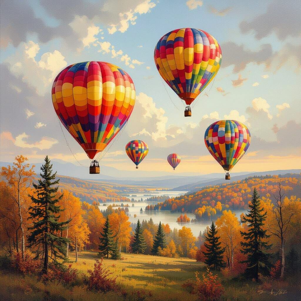 Hot Air Balloons Over Autumn Forest Oil Painting