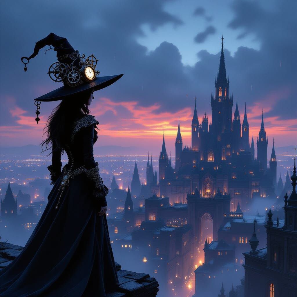 Witch Overlooks Gothic Cityscape Under Twilight Sky
