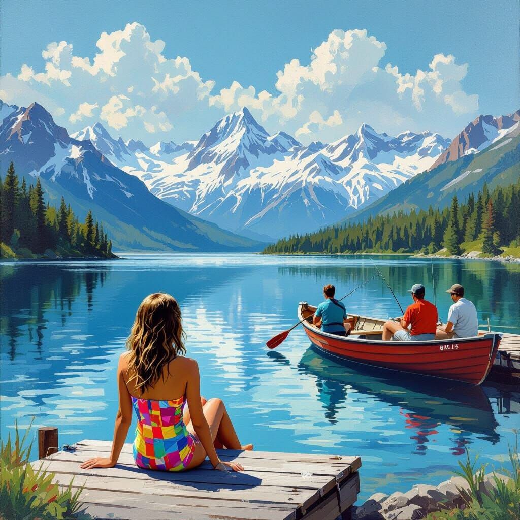 Girl by Lake with Snowy Mountains, Fishing Boat