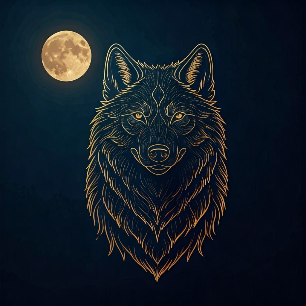 Wolf in Midnight Blue with Metallic Gold Foil Outline
