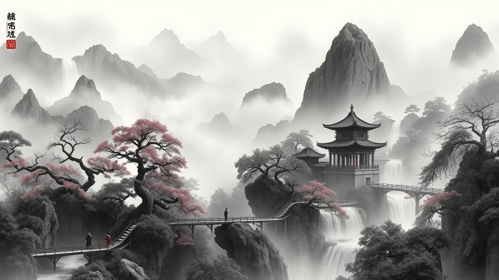 Confucian Scholars in Misty Mountain Ink Painting
