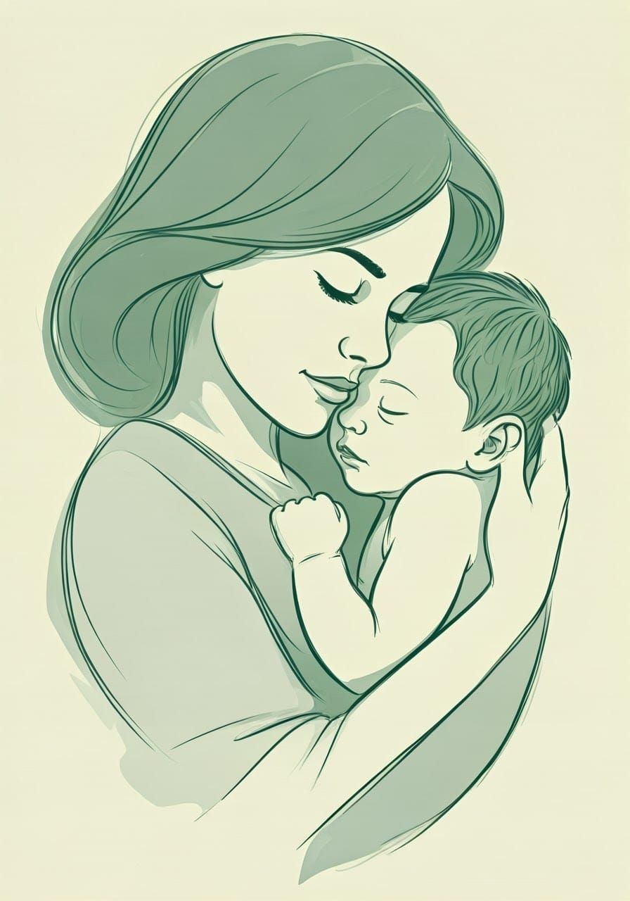 Simplified Green Sketch of Newborn in Mother's Arms