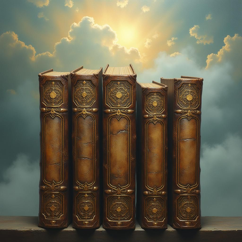 Ornate Antique Books with Ethereal Sky Background