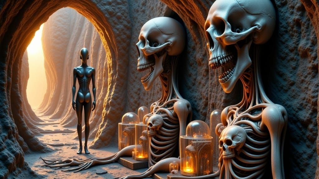 Ethereal Cave Scene with Alien Figure and Crystal Skulls