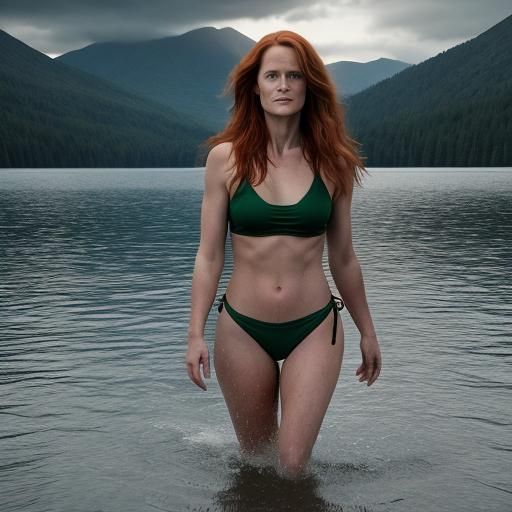 Young Woman Wades in Lake at Scarlet Sunset