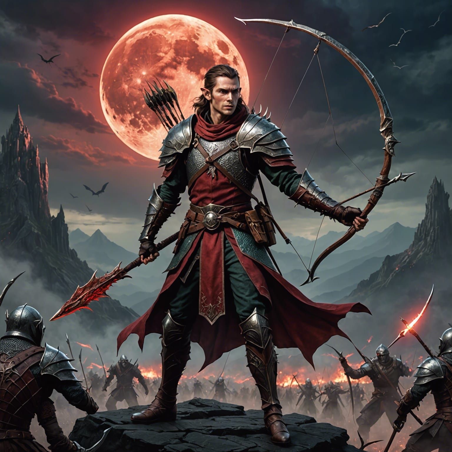 Elven Ranger Battles Undead Under Red Moon