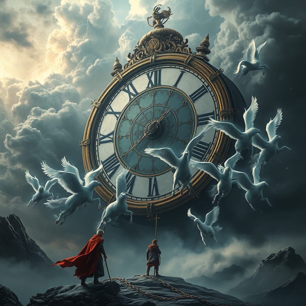 Titanic Baroque Clock Unleashed Among Spectral Pegasus