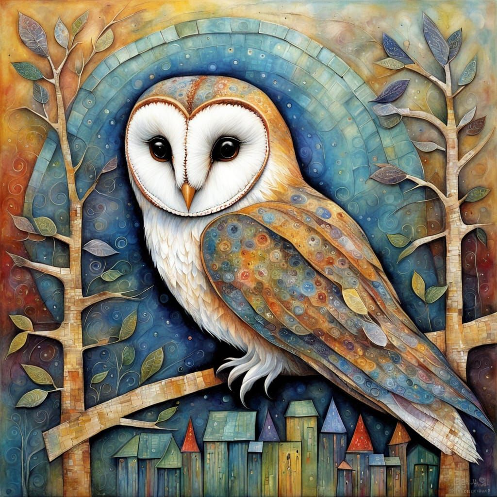Airbrushed Barn Owl in Naive Encaustic Style