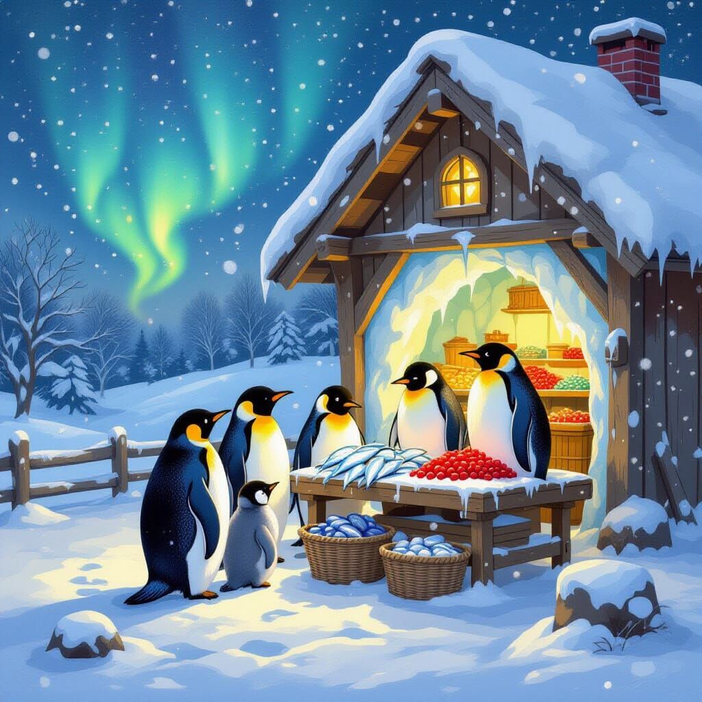 Penguin Family at Winter Farmstand: Oil Painting