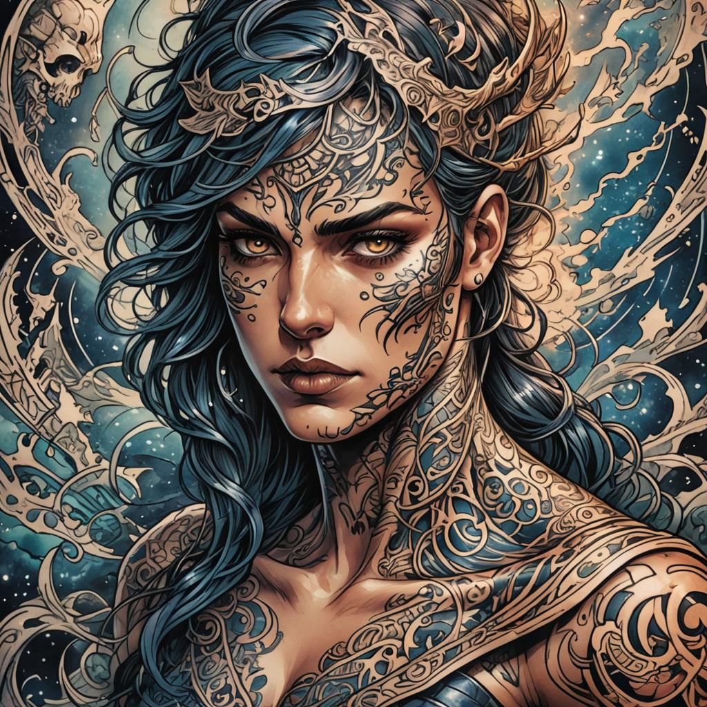Fantasy Tattoo on Skin in Comic Book Style