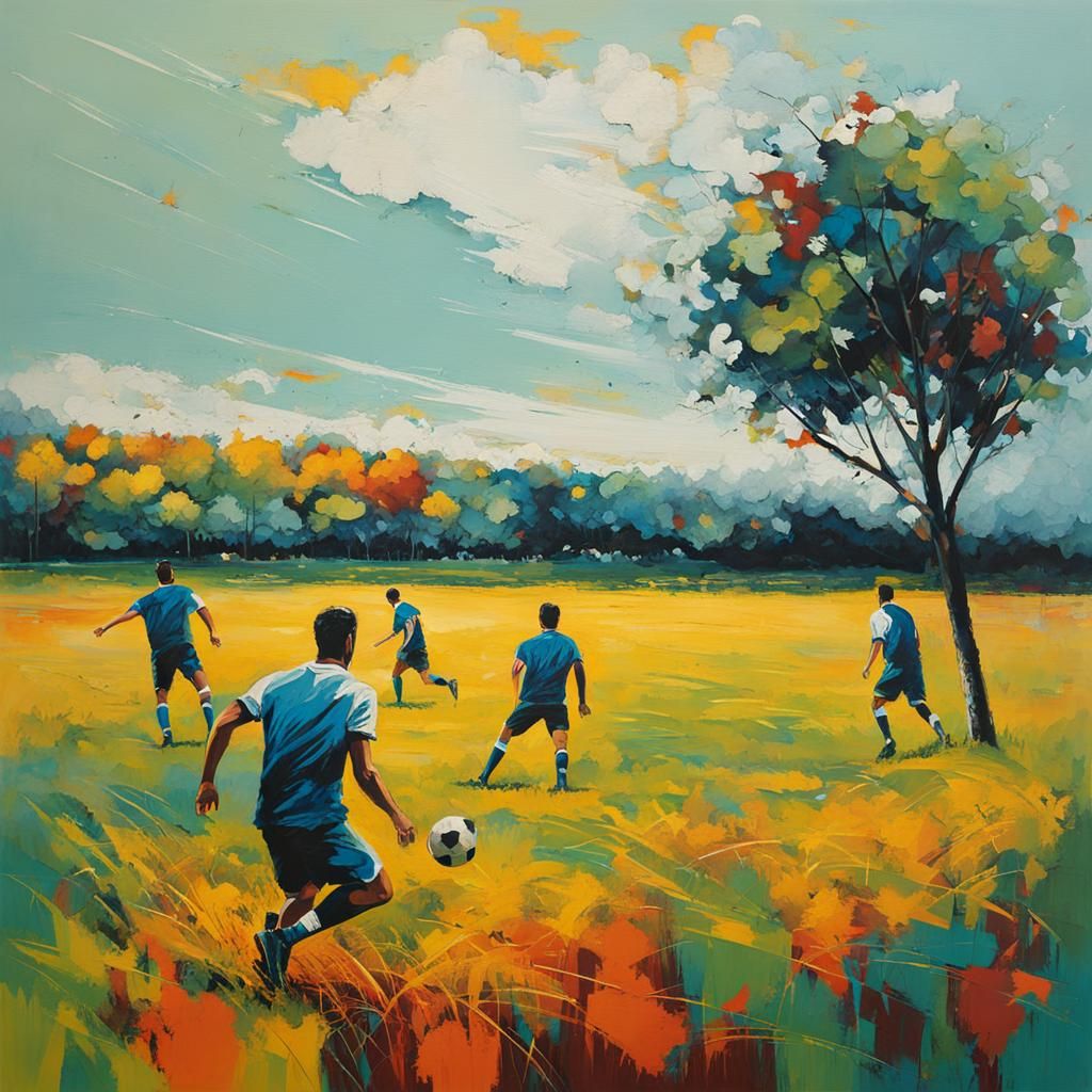Abstract Art: Friends Playing Football in Field