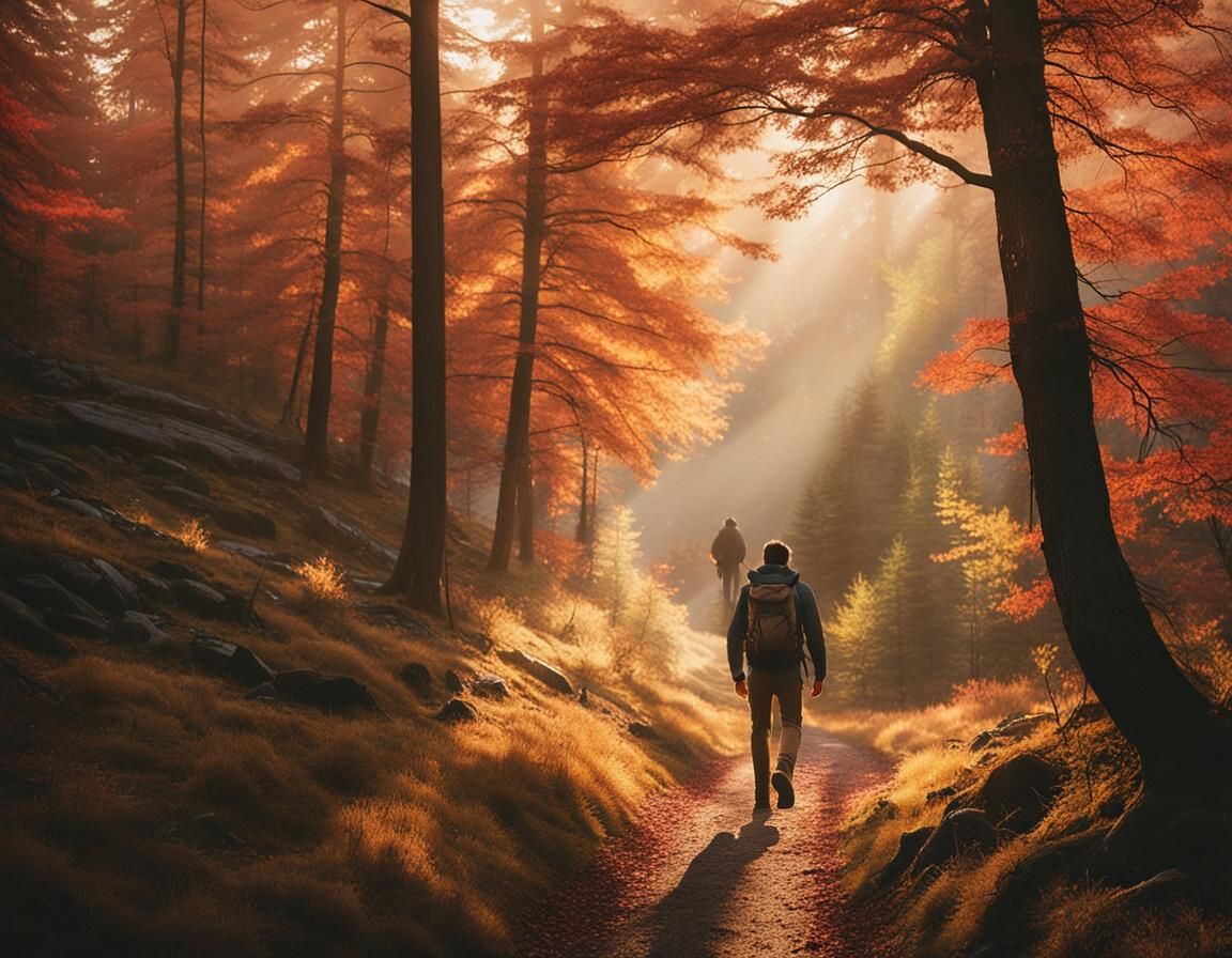 Hiker in Autumn Forest at Golden Hour