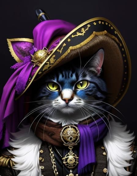 Luxurious Pirate Cat in Opulent Faux-Fur Hat