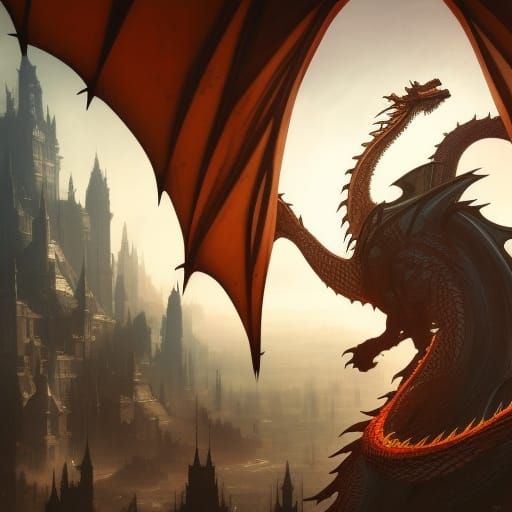 Dragon Over City: Dark Fantasy Concept Art
