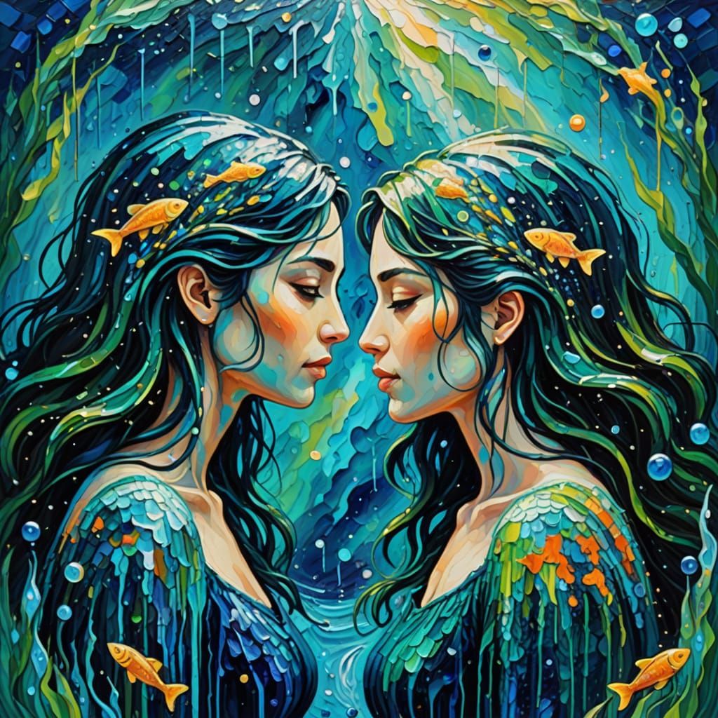 Galactic Pisces Zodiac Sign in Neo-Impressionist Oil Paintin...