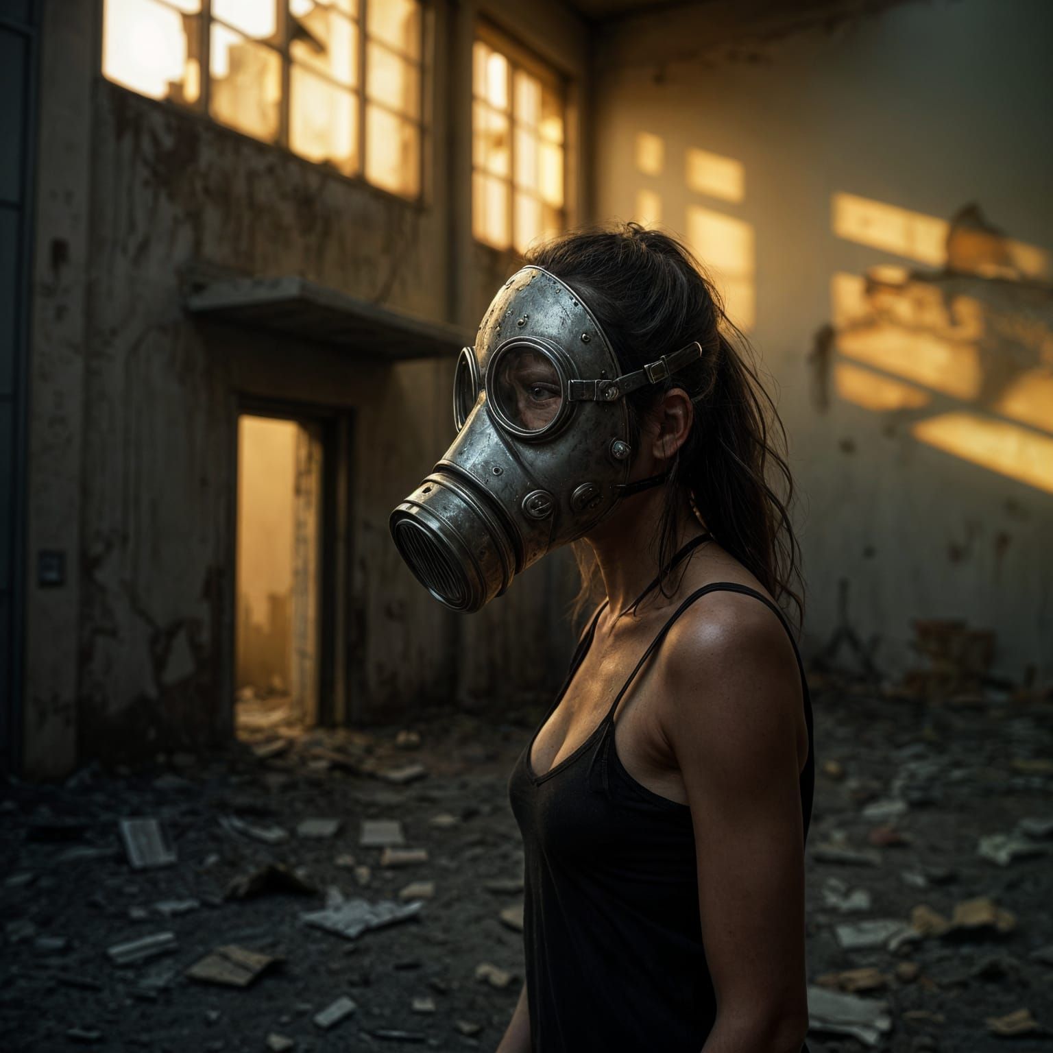 Post-Apocalyptic Woman in Gas Mask, Cinematic Lighting