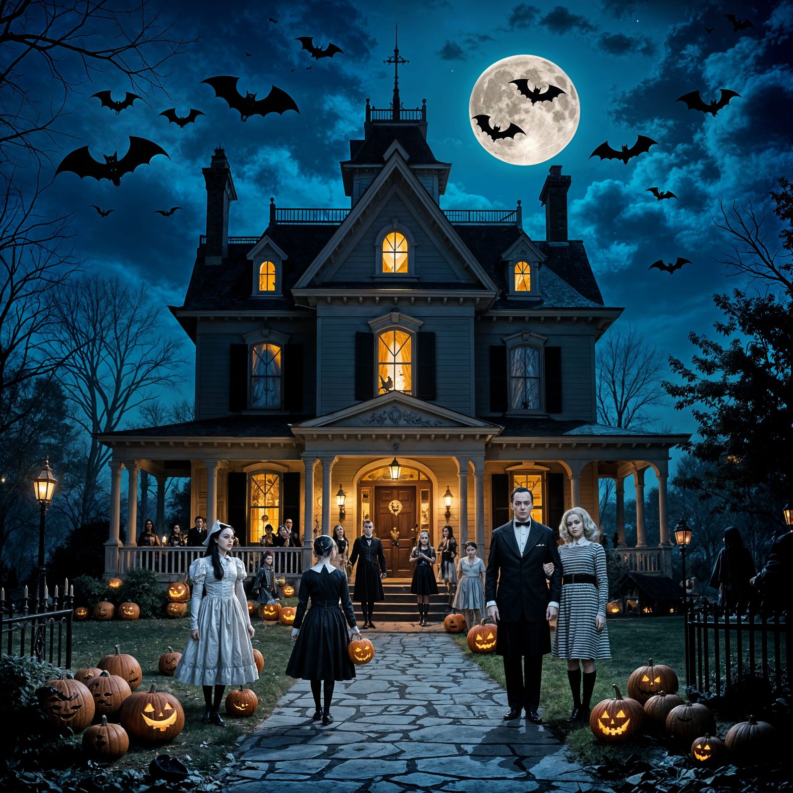 Addams Family Halloween House with Trick-or-Treaters
