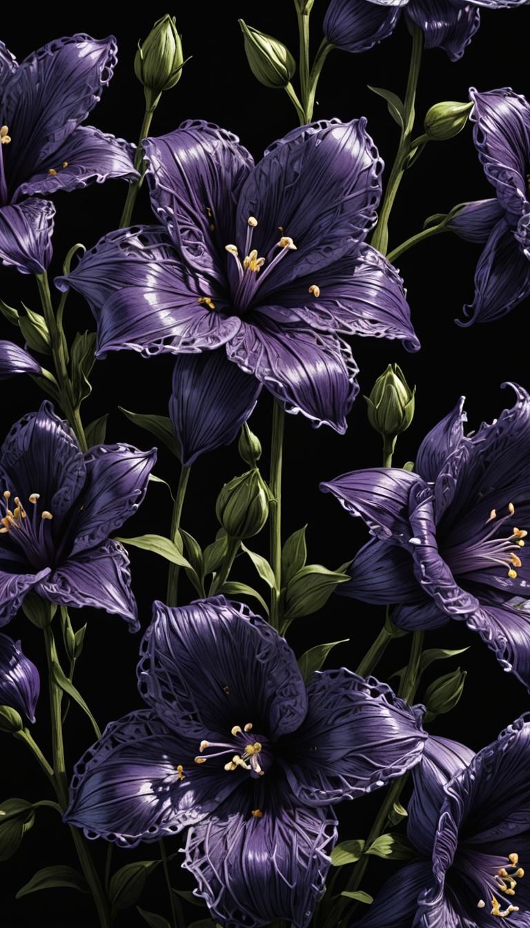 Hyperrealistic Yarn Bellflowers on Black Background