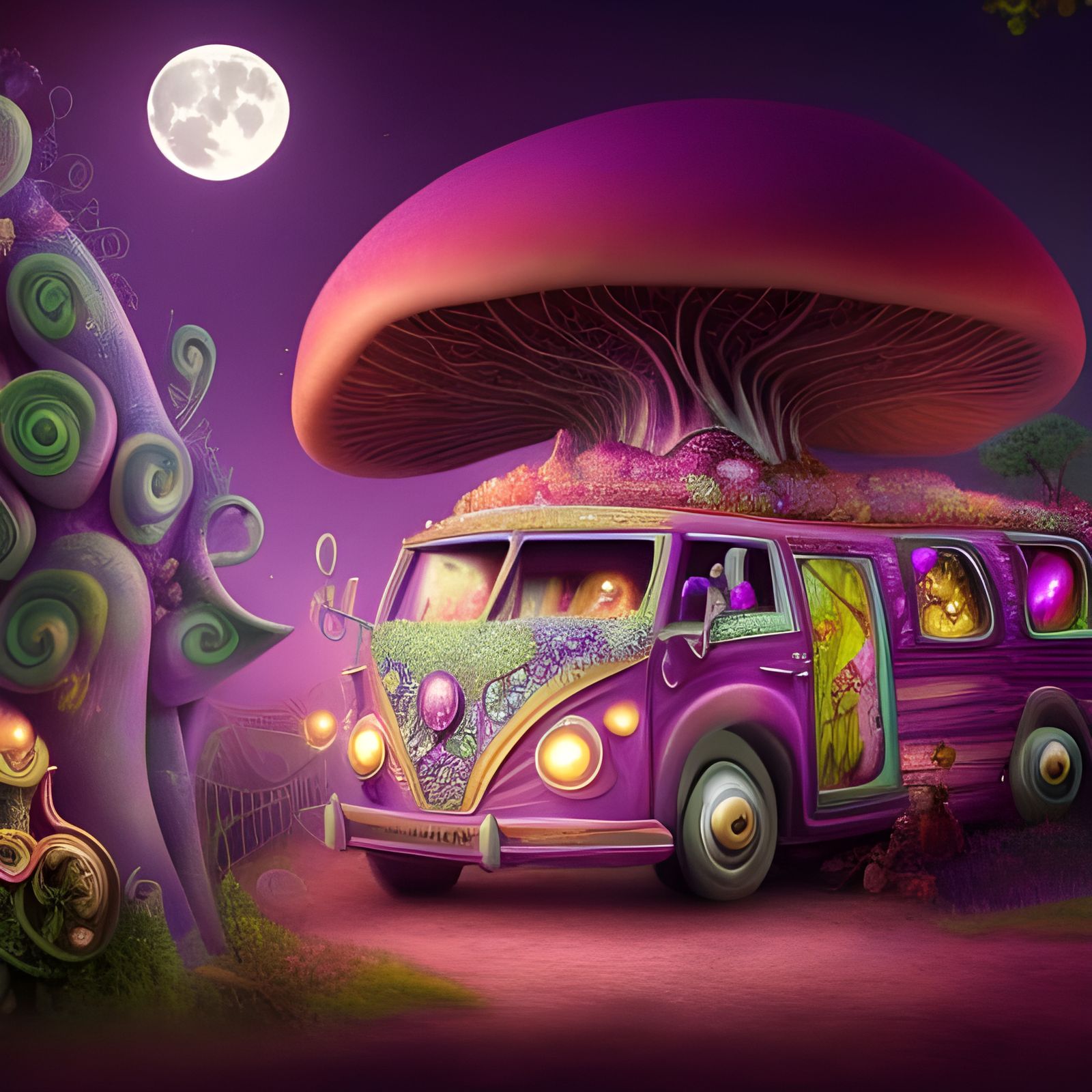 Enchanted Forest: Purple Mushroom Bus in Digital Art