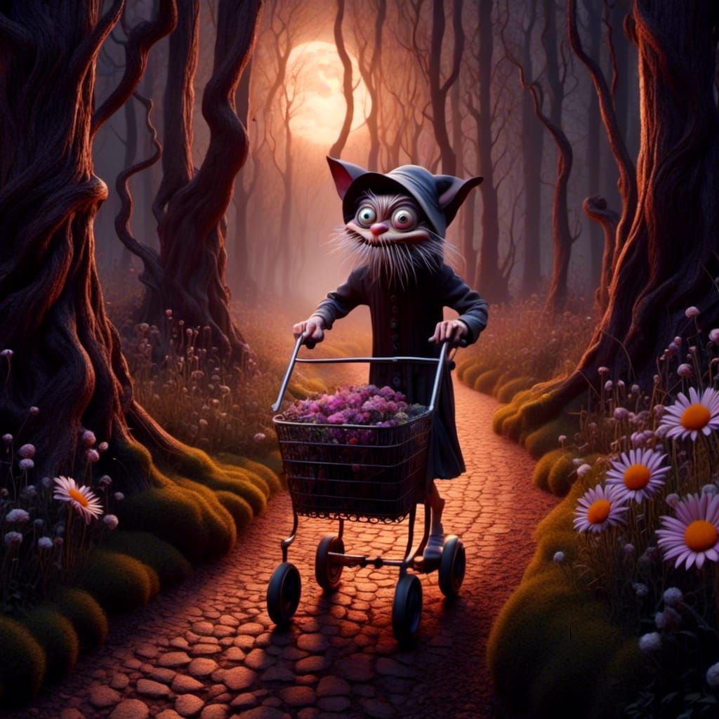 Big Bad Wolf in Nightdress Walks Forest Trail