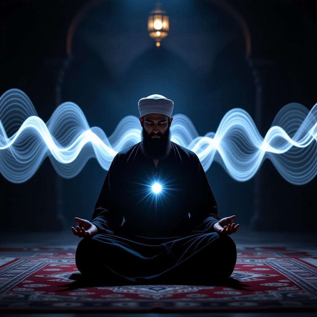 Sufi Meditates, Sacred Light Pulses in Khanqah