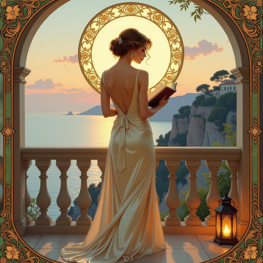 Elegant Woman on Cliffside Terrace in Art Nouveau Style