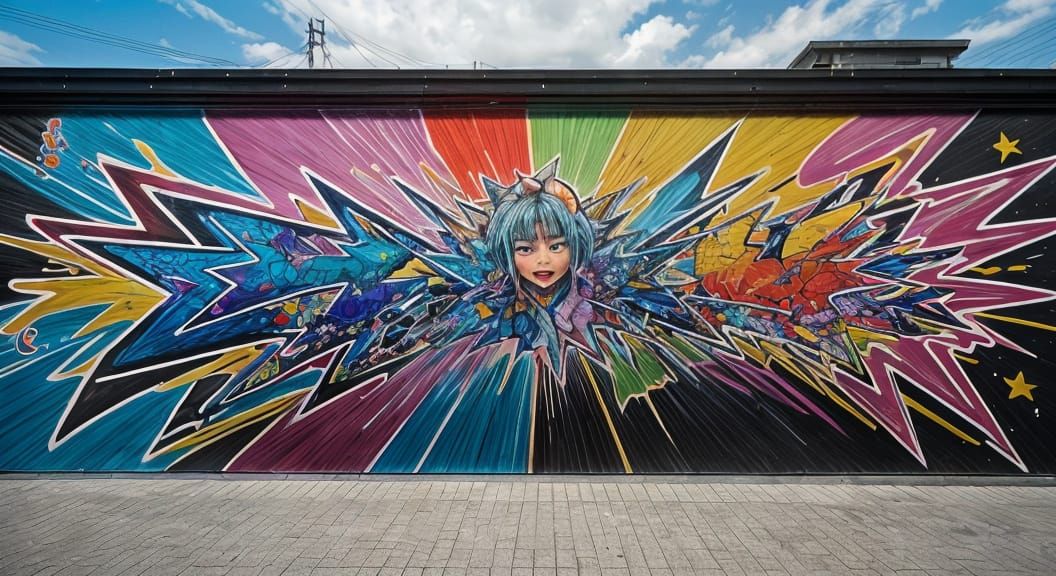 Graffiti Anime Character on Brick Wall, Manga Style