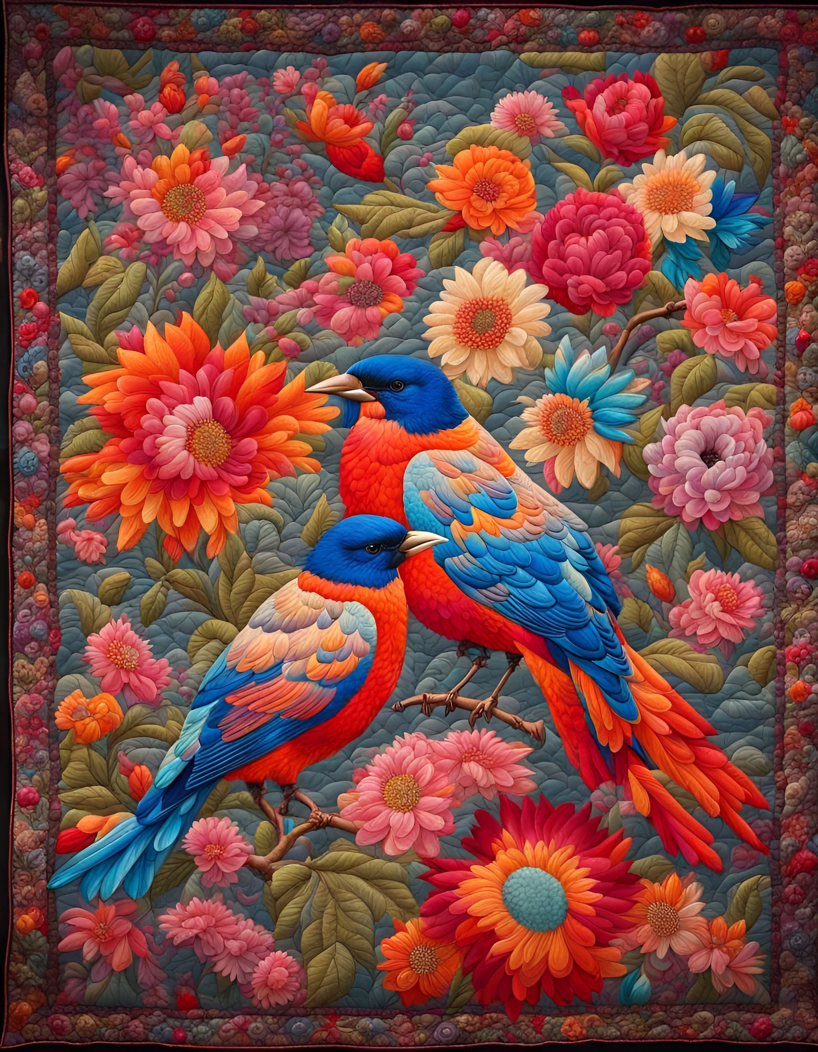 Embroidered Birds and Flowers Fabric Quilt