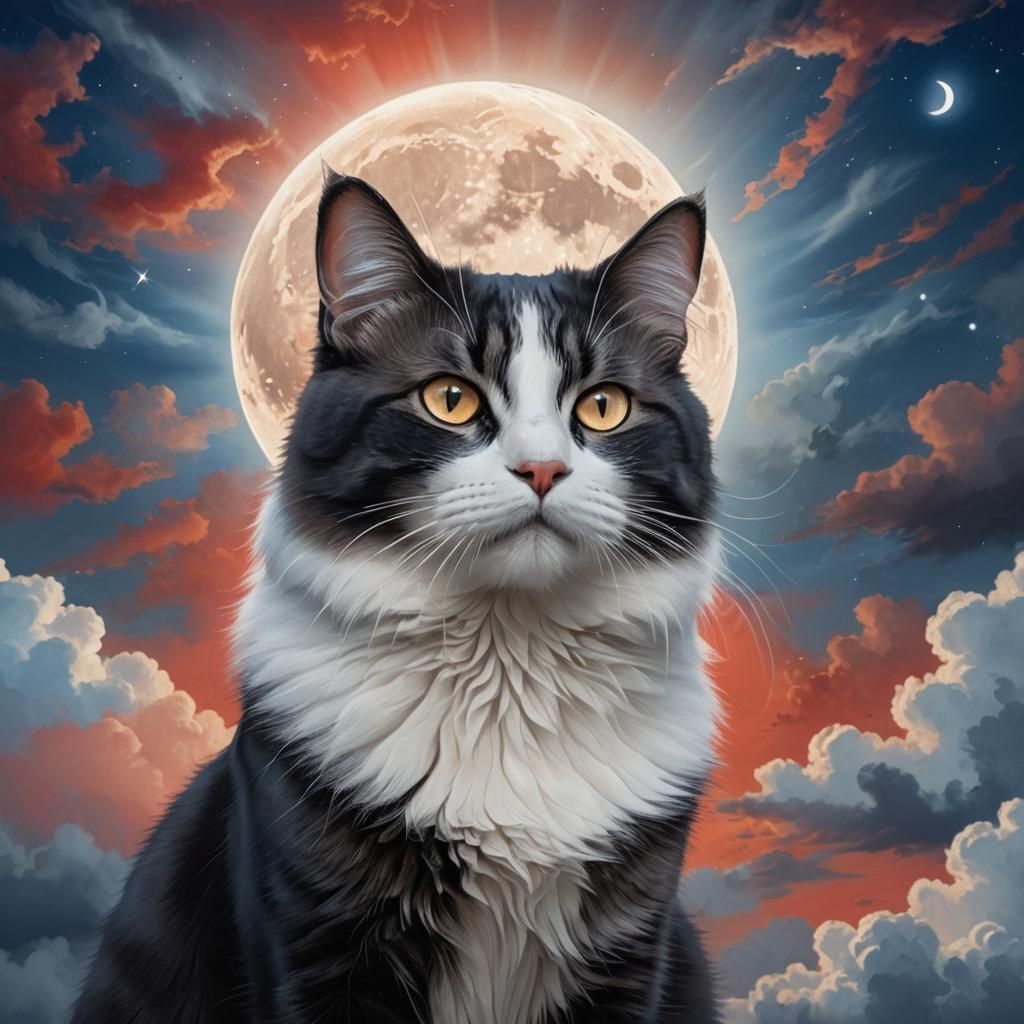 Detailed Black and White Cat with Moon Digital Painting