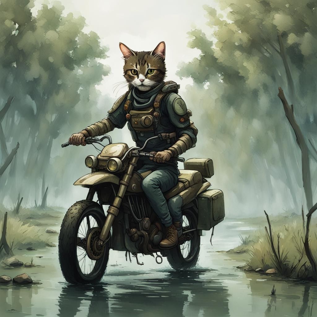 Armored Cat Person on Flying Motorbike Over Swamp