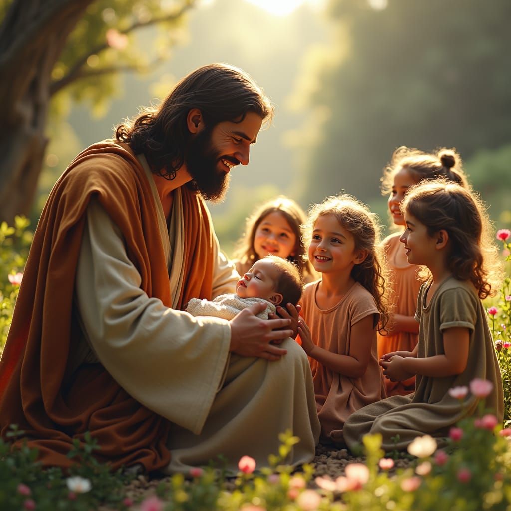 Jesus Welcomes Children in a Mystical Landscape