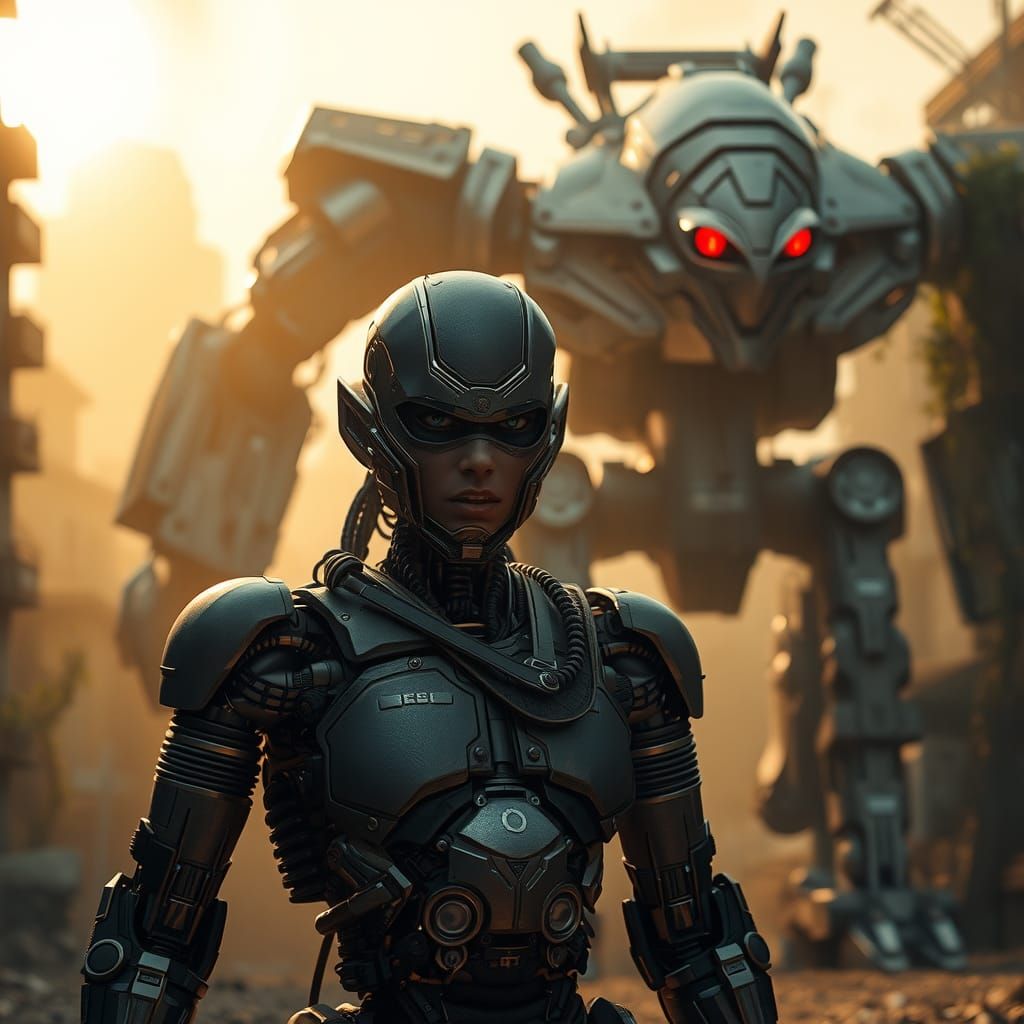 Android in Post-Apocalyptic Cityscape, Cinematic Style