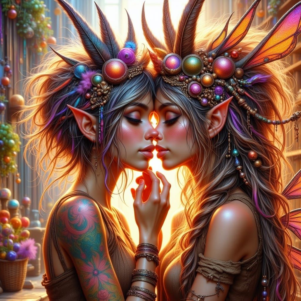 Rainbow Fairy Kisses Golden Dragon in Hyperrealistic Style