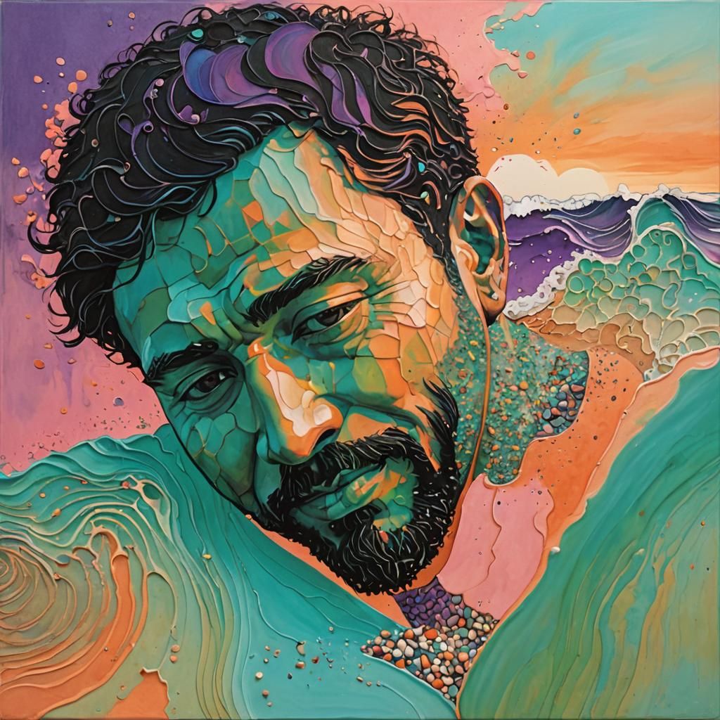 Man Silhouetted at Beach with Turquoise Waves