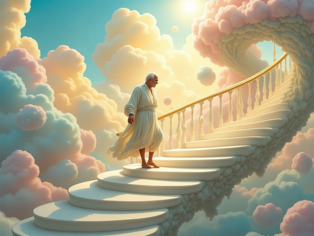 Surreal Vision of a Man Climbing a Heavenly Staircase